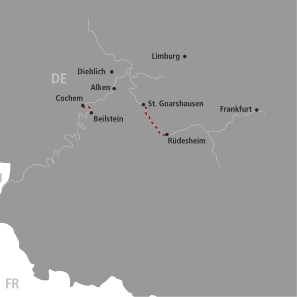 Streckenplan Flussromantik
Rhein, Mosel, Lahn & Main - Kaufmanns Schwarb Reisen AG